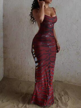 Nibber Tiger Stripe Backless Maxi Dress Sleeveless Bodycon Size S New